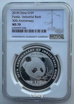NGC MS70 Chine 2018 La 30e Anniversaire de la Banque Industrielle Panda Pièce d'Argent 30g 10 Yuan