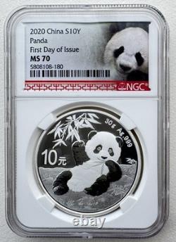 NGC MS70 Premier jour d’émission Chine 2020 pièce en argent Panda 10 yuans 30 g