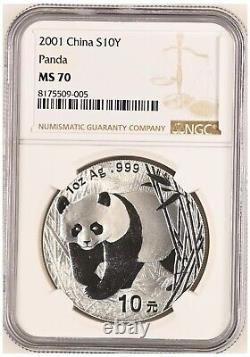 NGC MS70 Sans D 2001 Pièce en argent Panda 1Oz S10 yuan, sans marque D