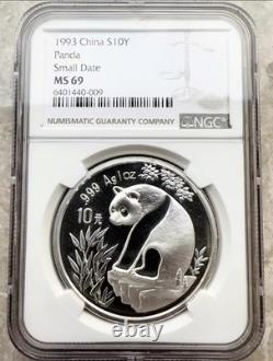 NGC MS 69 Chine 1993 Petite Date Panda Pièce d’argent 1 oz 10 Yuan