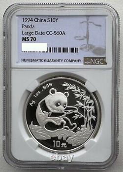NGC MS 70 Chine 1994 Grande Date Panda Pièce en Argent 1 oz 10 Yuan Pièce Panda Chinoise