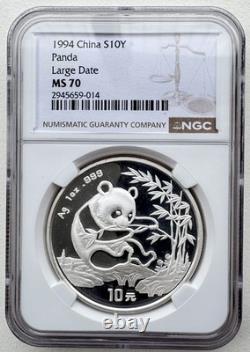 NGC MS 70 Chine 1994 LD Panda Grande Date Pièce en argent Panda 1 oz 10 yuans