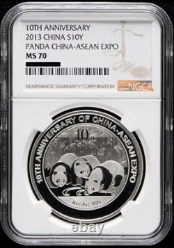 NGC MS-70 Chine 2013 10Yuan 1 once pièce d'argent Panda Chine ASEAN EXPO 10e 1 pièce