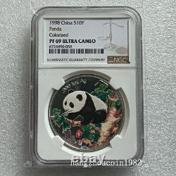 NGC PF69 1998 Chine 10 Yuans Panda Pièce d'argent 1 once 1998 Pièce d'argent Panda en couleur