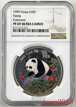 NGC PF69 1999 Chine panda pièce d'argent colorisée 10 Yuans, 1 once.