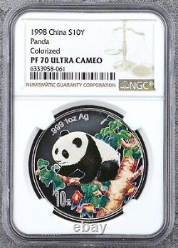 NGC PF70 Chine 1998 Pièce d'argent Panda Colorée 1oz 10 Yuans