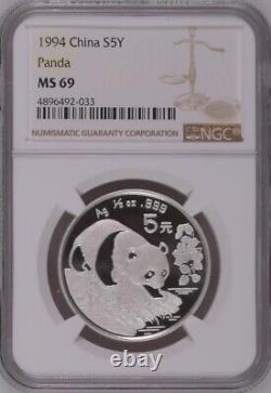 Ngc Ms69 1994 Chine Panda 1/2oz Argent Pièce