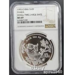 Ngc Ms69 1995 Chine 10yuan Panda Silver Coin Petit Twig Large Date 1oz Avec Boîte