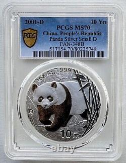 PCGS MS70 Chine 2001 Petit D Marque 2001 D Panda Pièce en Argent 1oz 10 Yuan