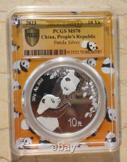 PCGS MS70 Chine 2023 Pièce en Argent Panda 30g (Étiquette Jaune. Premier Jour d'Émission)