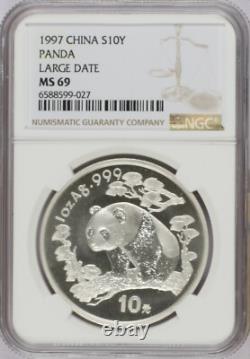 Panda Argent 1997 1 oz. 10 Yuan Grande Date NGC MS69. Livraison Gratuite