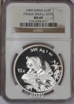 Panda Argent 1999 1 oz. 10 Yuan Petite Date NGC MS69. Livraison gratuite