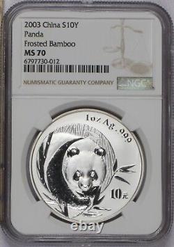 Panda Argent 2003 1 oz. 10 Yuan Bambou Gelé NGC MS70. Livraison gratuite