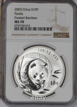 Panda Argent 2003 1 oz. 10 Yuan Bambou Givré NGC MS70. Livraison gratuite