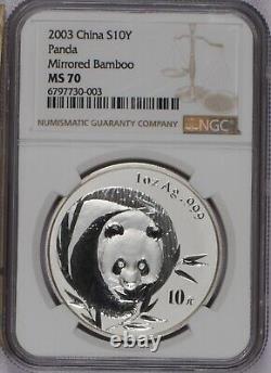 Panda Argent 2003 1 oz. 10 Yuan Rare Bambou Miroité NGC MS70. Pop 53 Expédition gratuite