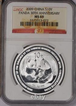 Panda Argent 2009 1 oz. 10 Yuan 30e Anniversaire NGC MS69. Livraison gratuite