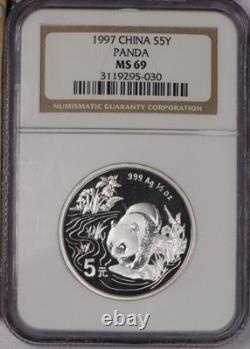 Panda argent 1997 1/2 oz 5 yuans NGC MS69. Livraison gratuite