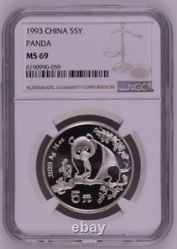Panda argent chinois 5 yuans 1993 NGC MS 69