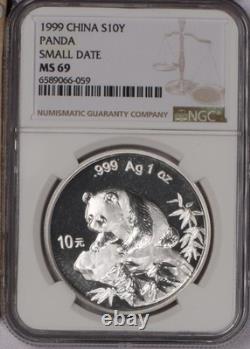 Panda argenté 1999 1 oz 10 yuans petite date NGC MS69. Livraison gratuite