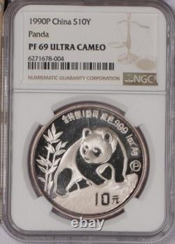 Panda argenté 1 oz 10 yuans 1990-P NGC PF69 Ultra Cameo. Livraison gratuite