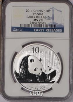 Panda argenté 2011 1 oz. 10 yuans premières émissions NGC MS70. Livraison gratuite