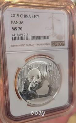 Panda argenté chinois 2015 NGC MS70 S10Y étiquette marron classique 30 grammes. 999