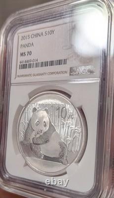 Panda argenté chinois 2015 NGC MS70 S10Y étiquette marron classique 30 grammes. 999