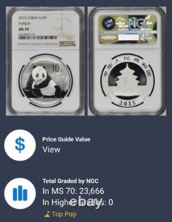 Panda argenté chinois 2015 NGC MS70 S10Y étiquette marron classique 30 grammes. 999