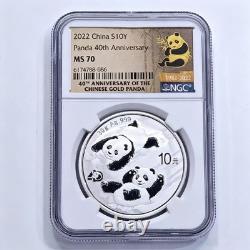 Panda argenté chinois 2022 de 30 g. Argent fin 999, 10 yuans, NGC MS70, 40e anniversaire