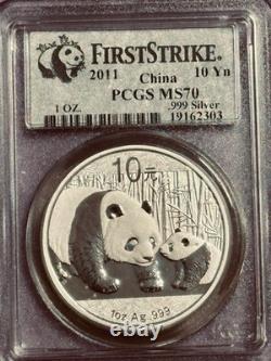 Panda chinoise en argent 2011. Pièce de 10 yuans, 999 oz, PCGS MS 70 FIRST STRIKE
