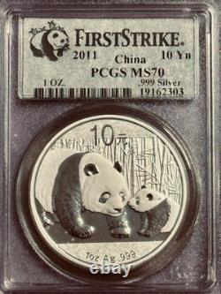 Panda chinoise en argent 2011. Pièce de 10 yuans, 999 oz, PCGS MS 70 FIRST STRIKE