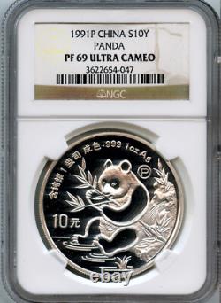 Panda en Argent de Chine 1991, 1 once, 10 Yuan, variété PROOF NGC PF-69 sans taches