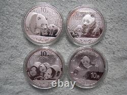 Panda en argent chinois 2011-2012-2013-2014 10 Yuan 1 OZ BU (ensemble de 4 pièces)