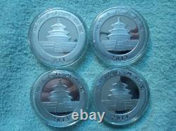Panda en argent chinois 2011-2012-2013-2014 10 Yuan 1 OZ BU (ensemble de 4 pièces)