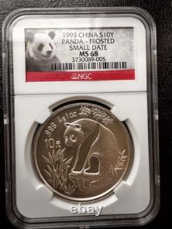 Panda en argent de Chine 1993 10 Yuan MS-68 NGC Petite date Rare pièce Panda BU