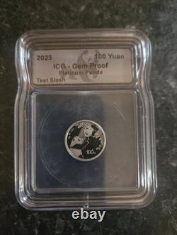 Panda en platine chinois 2023 de 3 grammes, épreuve gemme 100 yuans (test de découpe) ICG