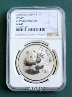 Pièce Panda chinoise 2000 de 1 oz en argent 0,999 NGC MS69 Expo de Guangzhou tirage 40 000