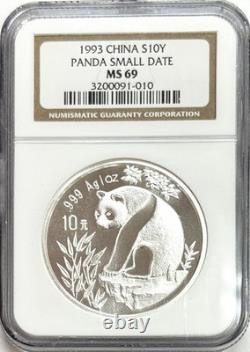 Pièce Panda chinoise en argent 10 yuans 1 oz 1993, petite date, NGC Mint State 69