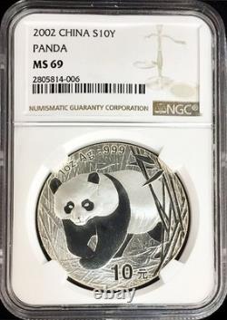 Pièce Panda chinoise en argent de 10 yuans 2002, NGC, état neuf 69