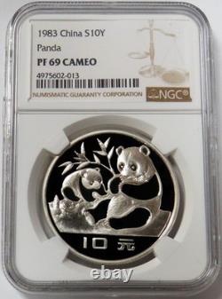 Pièce Panda en argent de Chine de 10 yuans 1983, preuve, NGC PF 69 Cameo