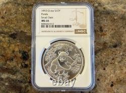 Pièce chinoise Panda en argent de 10 yuans 1 oz 1992 (petite date) MS 68
