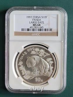 Pièce chinoise de 1997 de panda en argent de 1 once 0.999 NGC MS68 avec grande date
