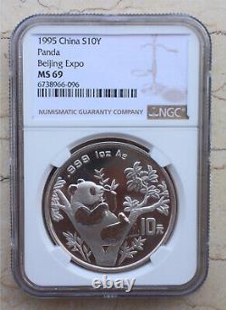 Pièce d'argent 1oz Panda de Chine NGC MS69 1995 Beijing Coin Expo
