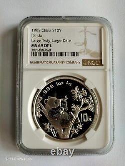 Pièce d'argent Chine Panda 1995, 10 Yuans 1 once, NGC ms 69 DPL