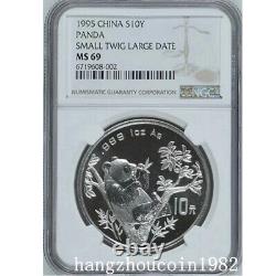 Pièce d'argent Panda 1oz Ag. 999 NGC MS69 Chine 10Yuan 1995 Petite Brindille Grande Date