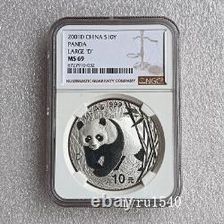 Pièce d'argent Panda 2001 Chine 10YUAN NGC MS69 Pièce d'argent 1 once avec grand D Mark