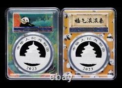 Pièce d'argent Panda Chine 2023 PCGS MS70 de 30g, émission du premier jour, étiquette Panda, 2 pièces.