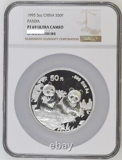 Pièce d'argent Panda de 5 oz 50 Yuan Chine 1995 NGC PF69