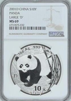 Pièce d'argent Panda de Chine NGC MS69 2001D 1oz GrandD