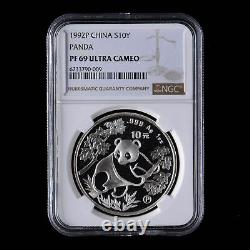Pièce d'argent Panda de Chine de 1992, 10 yuans, 1 once, épreuve de qualité, pièce d'argent Panda NGC PF69